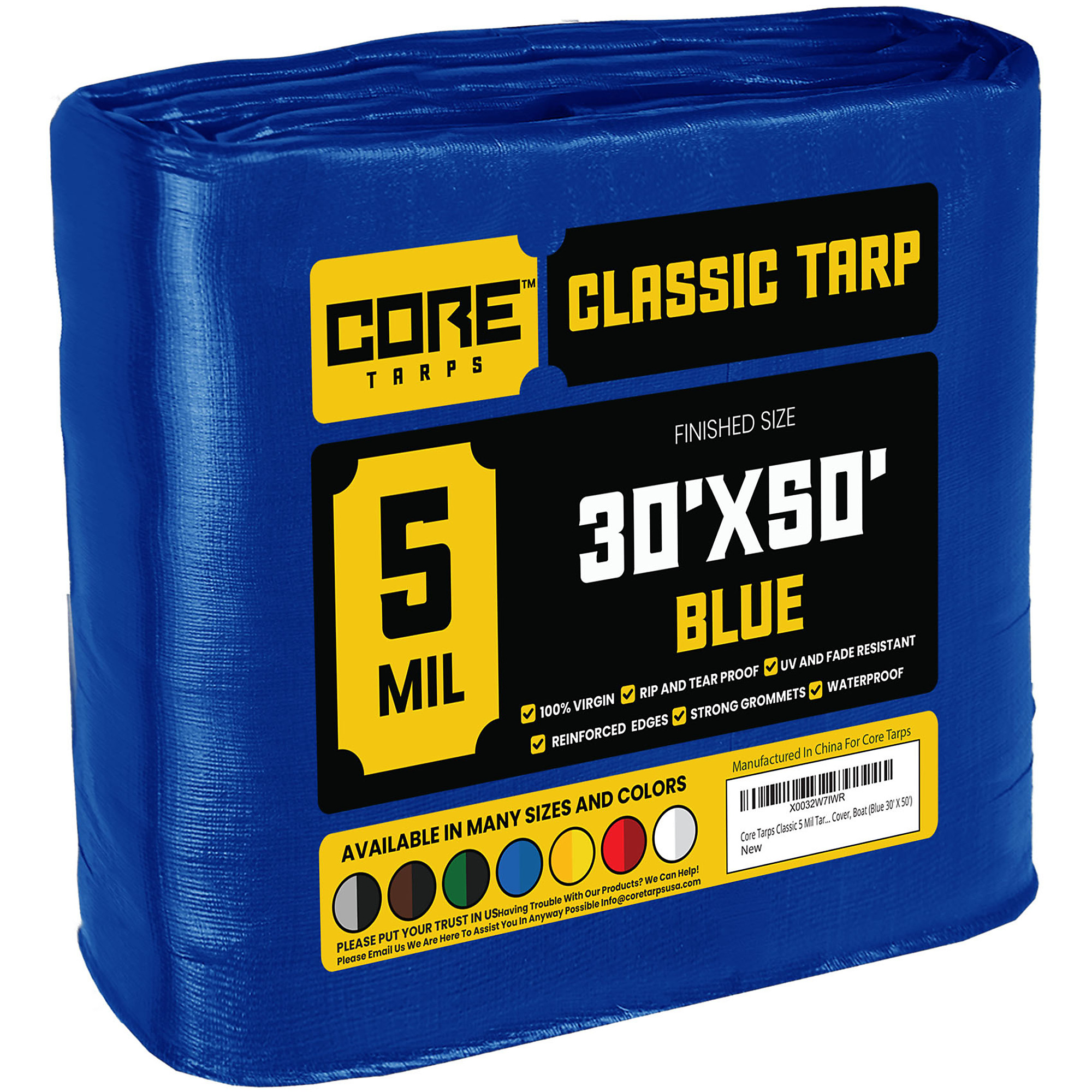 Core Tarps Classic 5 Mil Tarp Cover, Waterproof, UV Resistant, Rip and Tear Proof, Poly Tarpaulin with Reinforced Edges for Roof, Camping, Patio, Pool Cover, Boat (Blue 30' X 50')